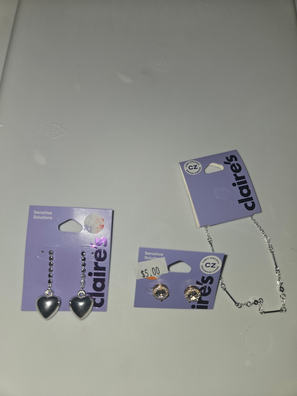 Silver Heart Drop Earrings & CZ Circle Stud Set - Silver